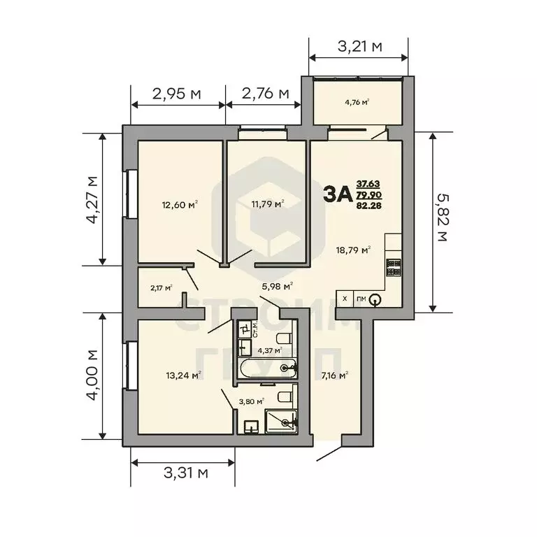 3-комнатная квартира: Ковров, улица Строителей, 43/1 (82.28 м) - Фото 1