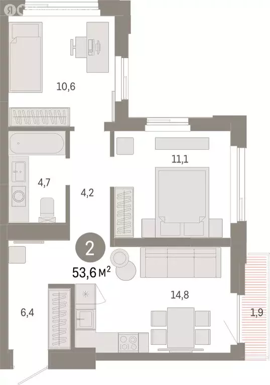 2-комнатная квартира: Тюмень, жилой комплекс Зарека (53.61 м) - Фото 1