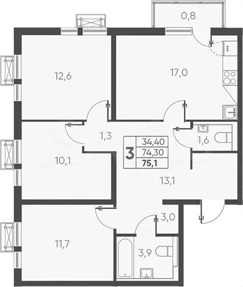 3-к. квартира, 75,1 м, 3/24 эт. - Фото 1