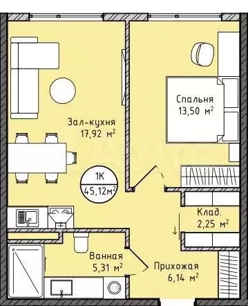 1-к. квартира, 45 м, 6/8 эт. - Фото 1