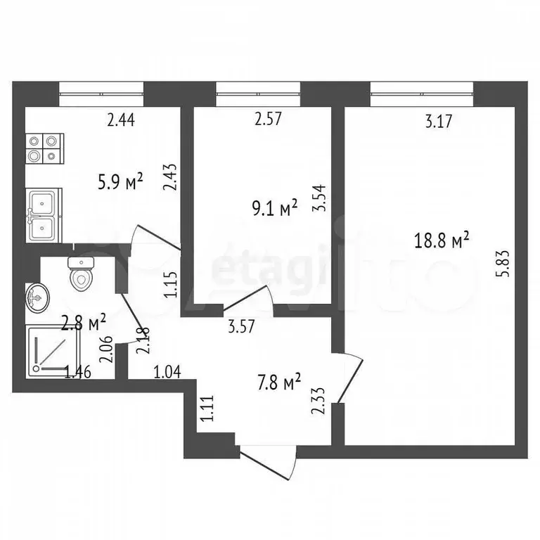 2-к. квартира, 44,4 м, 2/9 эт. - Фото 0