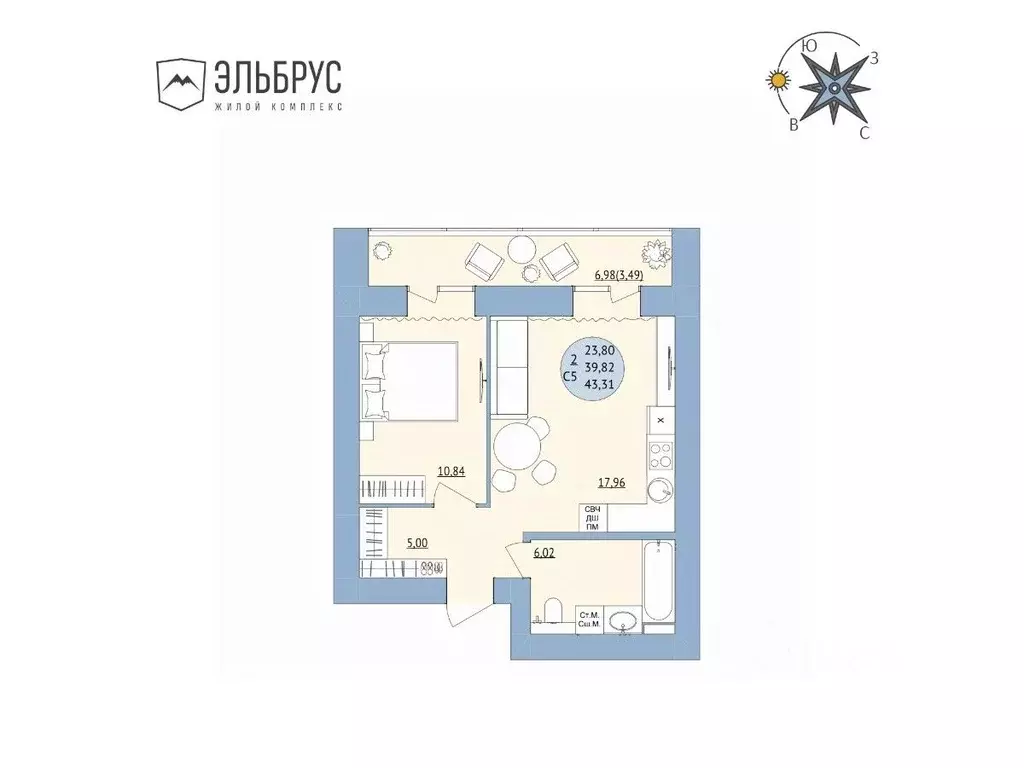 2-к кв. Башкортостан, Уфа Кавказская ул., 24 (43.31 м) - Фото 1