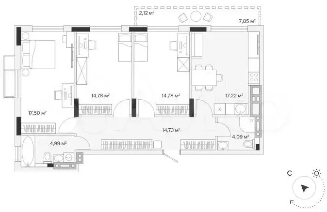 3-к. квартира, 91 м, 7/7 эт. - Фото 1