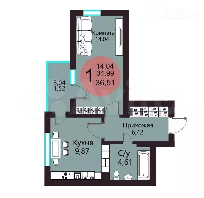1-к. квартира, 36,5 м, 14/17 эт. - Фото 1