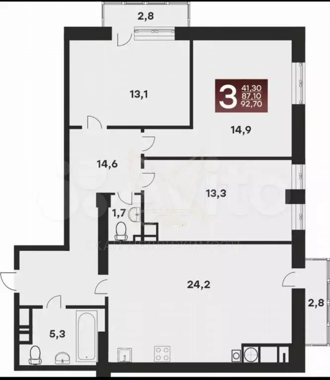 3-к. квартира, 92,7 м, 2/12 эт. - Фото 0