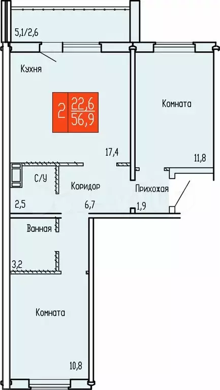 2-к. квартира, 56,9 м, 6/10 эт. - Фото 0