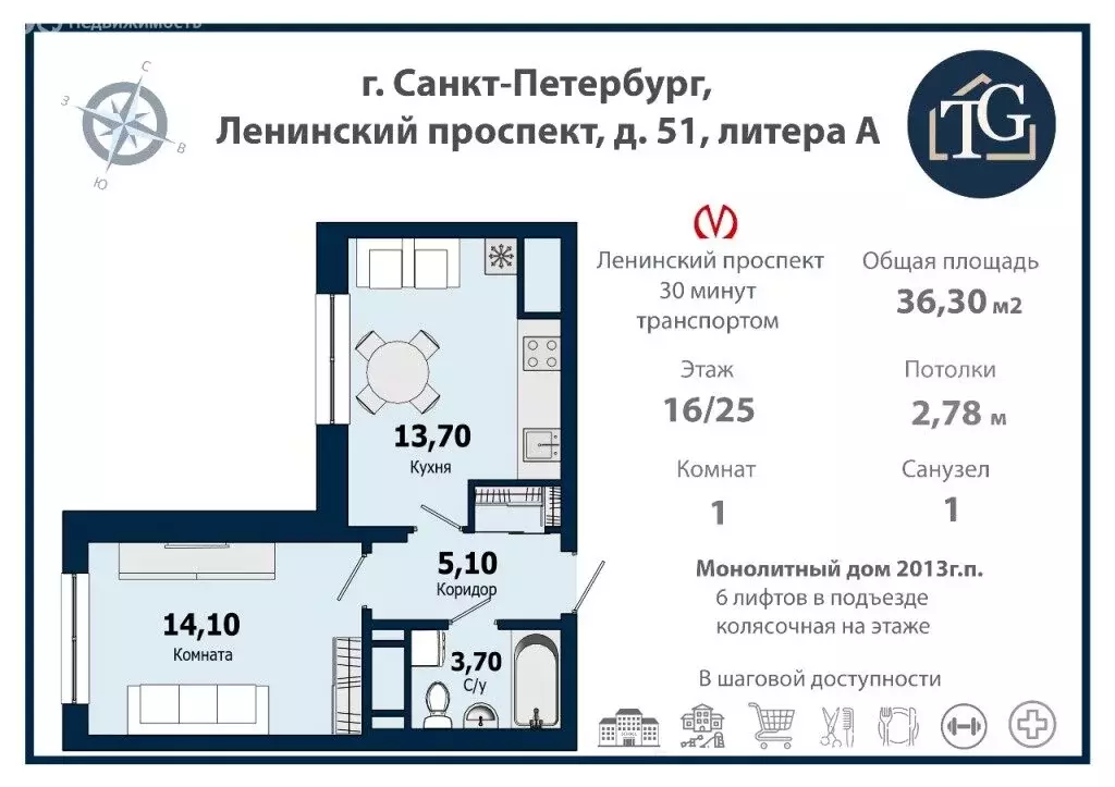 1-комнатная квартира: Санкт-Петербург, Ленинский проспект, 51 (36.3 м) - Фото 1