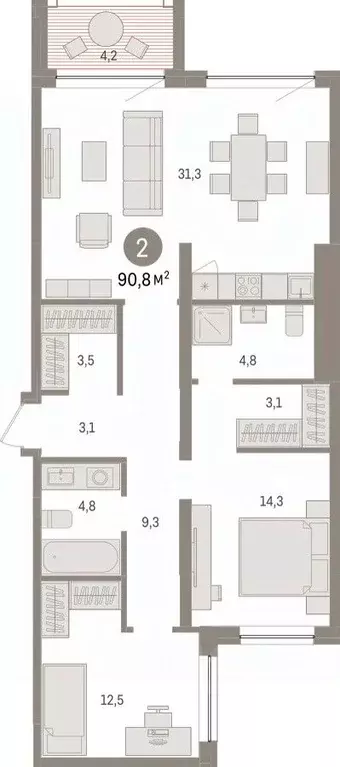 2-к кв. Тюменская область, Тюмень ул. Муравленко, 9к3 (90.79 м) - Фото 2