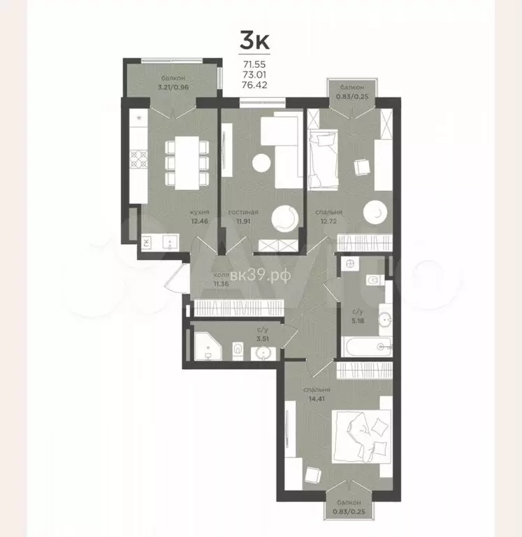 3-к. квартира, 73 м, 3/4 эт. - Фото 1