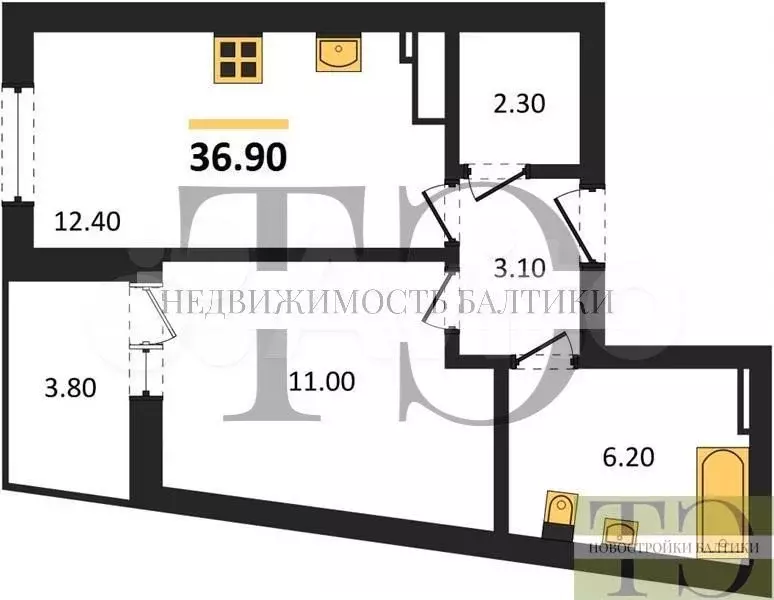 1-к. квартира, 36,9 м, 3/5 эт. - Фото 0