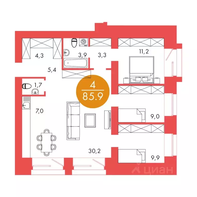 4-к кв. Красноярский край, Красноярск ул. Шахтеров, 33А (85.9 м) - Фото 0