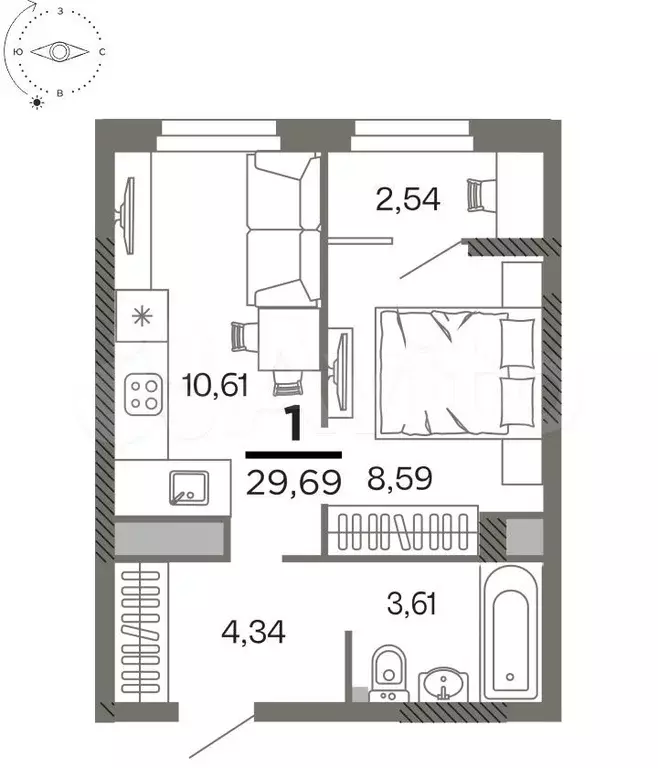 1-к. квартира, 29,7 м, 2/26 эт. - Фото 0