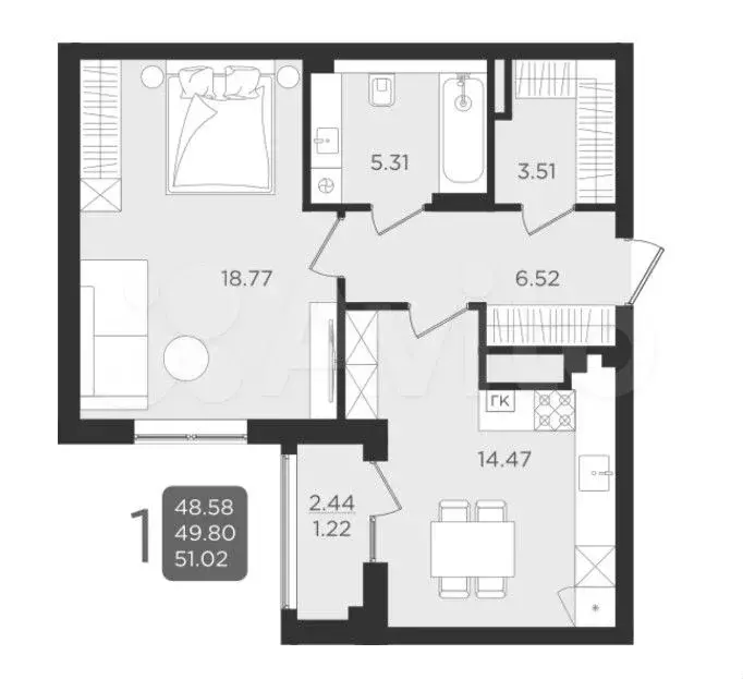 1-к. квартира, 51 м, 1/9 эт. - Фото 1