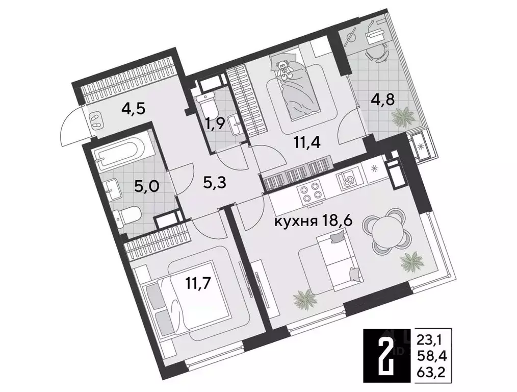 2-к кв. Краснодарский край, Краснодар Парк Победы мкр,  (63.2 м) - Фото 1