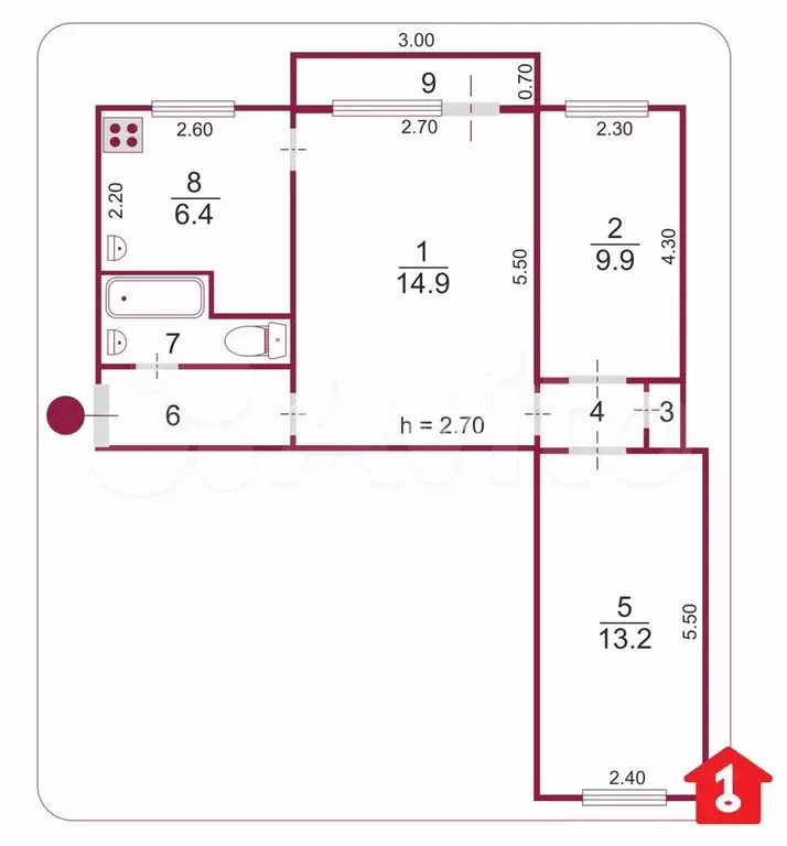 3-к. квартира, 53,6 м, 2/5 эт. - Фото 0