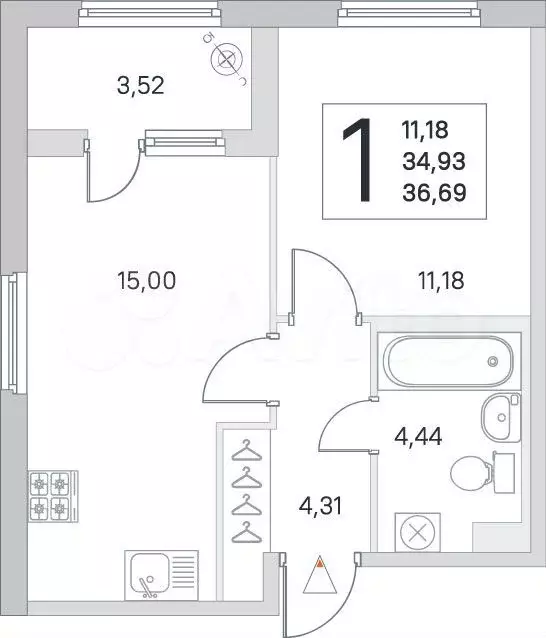 1-к. квартира, 36,9 м, 1/8 эт. - Фото 0