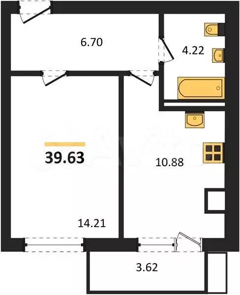 1-к. квартира, 39,6 м, 6/9 эт. - Фото 1