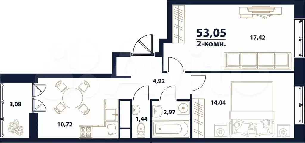 2-к. квартира, 53,1м, 12/16эт. - Фото 1