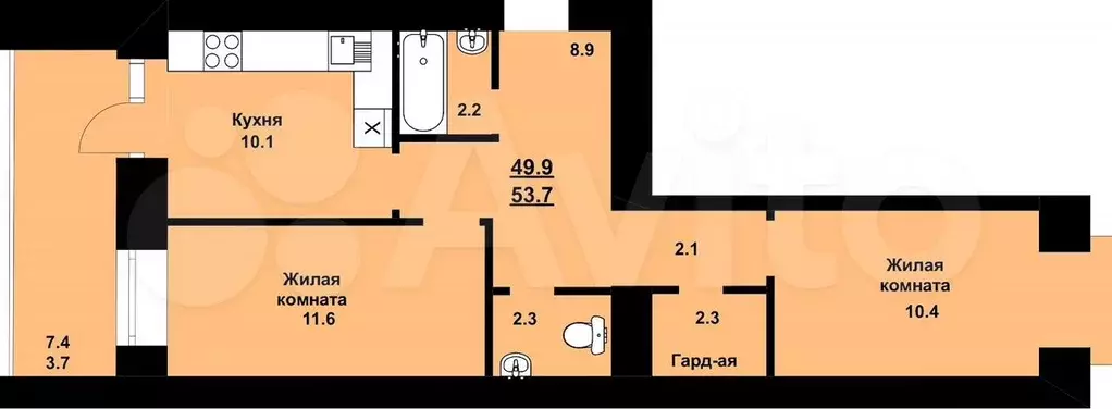 2-к. квартира, 53,7 м, 6/10 эт. - Фото 0