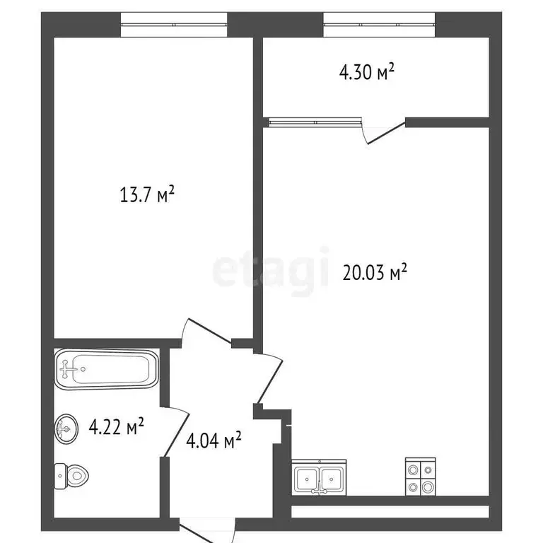 Квартира, 2 комнаты, 46.3 м - Фото 0