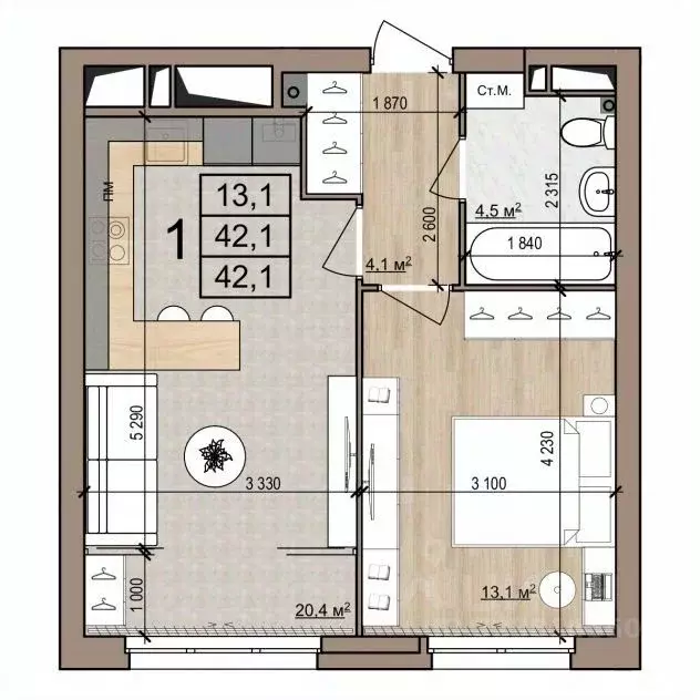 1-к кв. Рязанская область, Рязань ул. Новоселов, 33Б (42.1 м) - Фото 1
