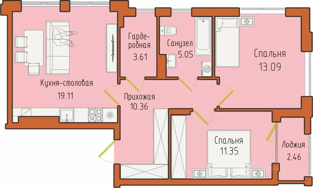 2-к кв. Калининградская область, Светлогорск пос. Отрадное,  (65.03 м) - Фото 0