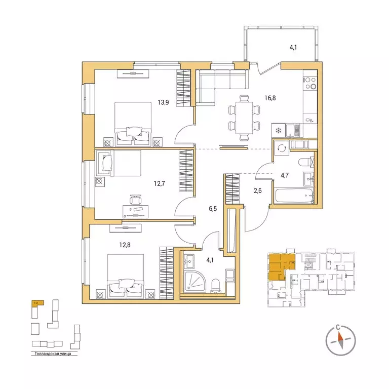 3-комнатная квартира: городской посёлок Янино-1, ЖК Янинский Лес (75.3 ... - Фото 1