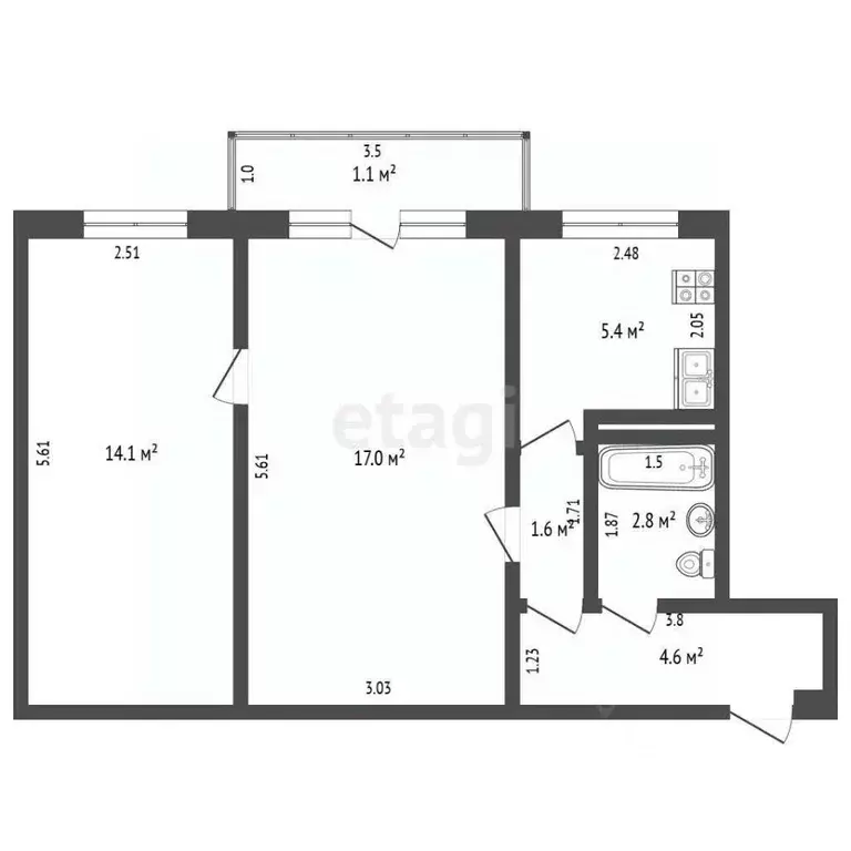 2-к кв. Калининградская область, Калининград ул. Чекистов, 11 (45.5 м) - Фото 1