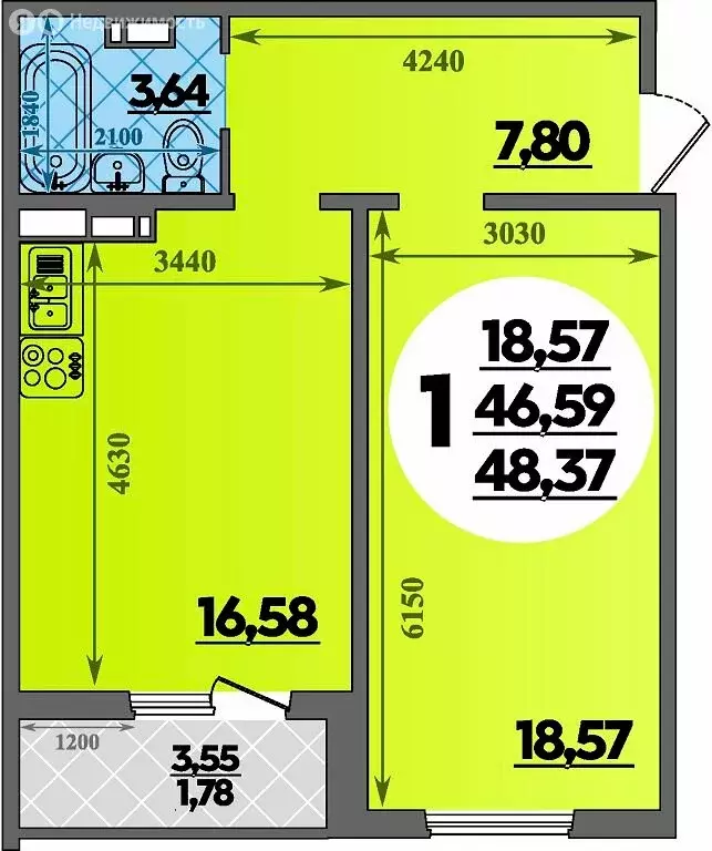1-комнатная квартира: Крымск, микрорайон Надежда (48.37 м) - Фото 1