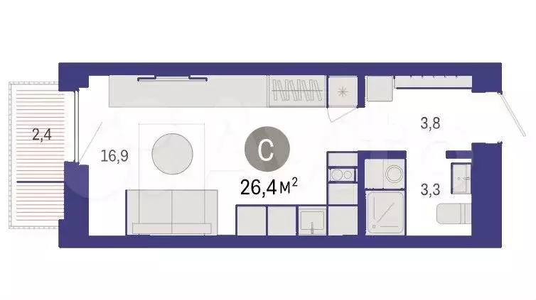 Квартира-студия, 26,8 м, 2/7 эт. - Фото 1