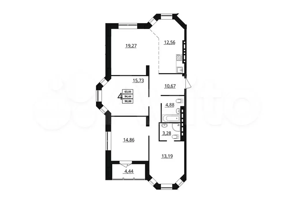 4-к. квартира, 98,8 м, 4/7 эт. - Фото 1