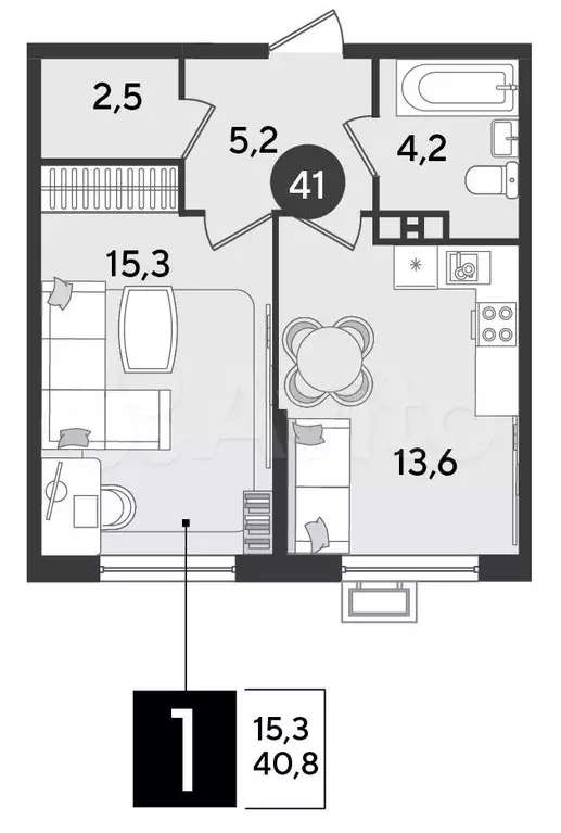 1-к. квартира, 40,8 м, 8/9 эт. - Фото 1