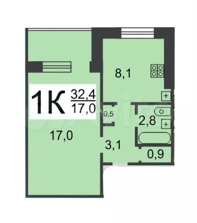 1-к. квартира, 32,4 м, 1/9 эт. - Фото 0