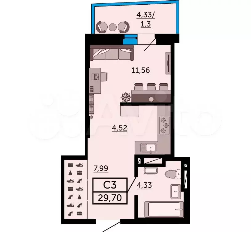 Квартира-студия, 29,5 м, 11/26 эт. - Фото 1