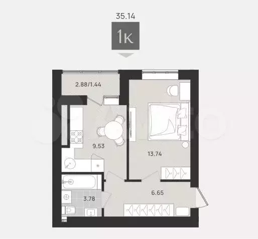 1-к. квартира, 35,1 м, 9/9 эт. - Фото 1