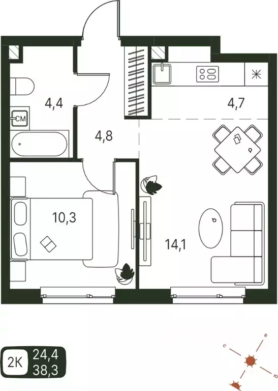 Студия Пермский край, Пермь ул. Серебристая, 1 (38.3 м) - Фото 1