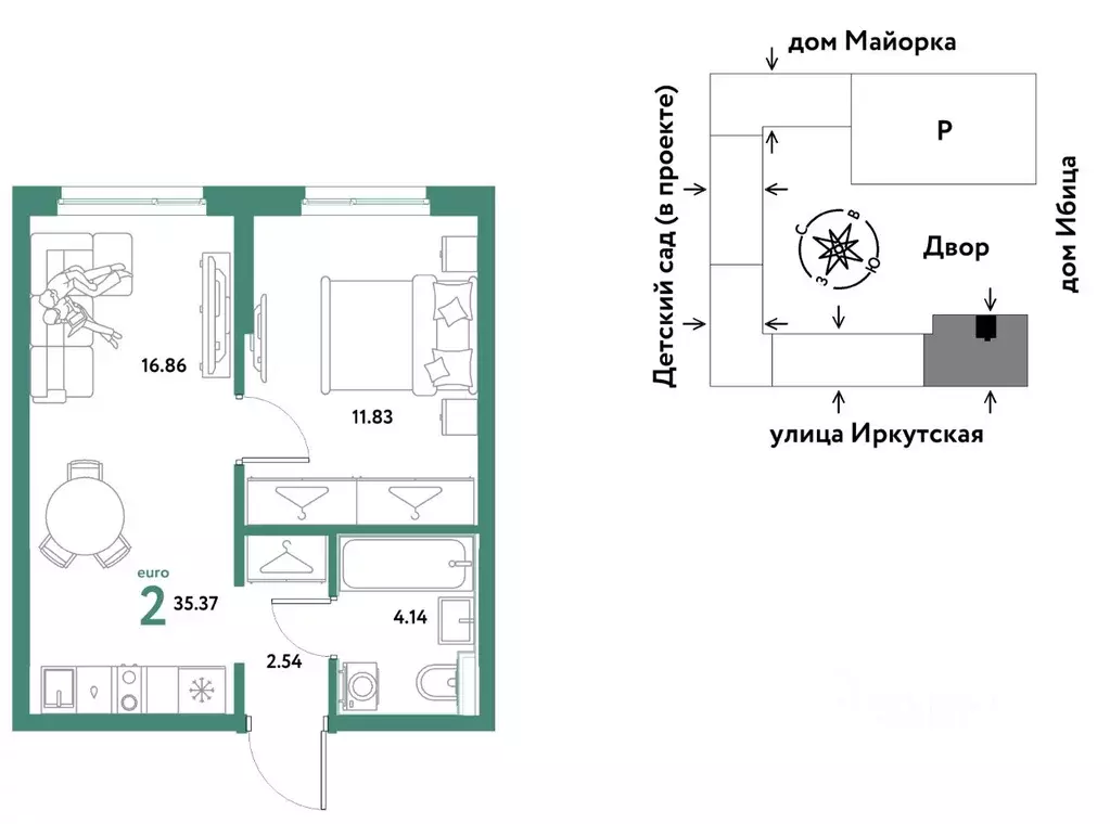 2-к кв. Тюменская область, Тюмень ДОК мкр, ул. Ярославская (35.37 м) - Фото 0