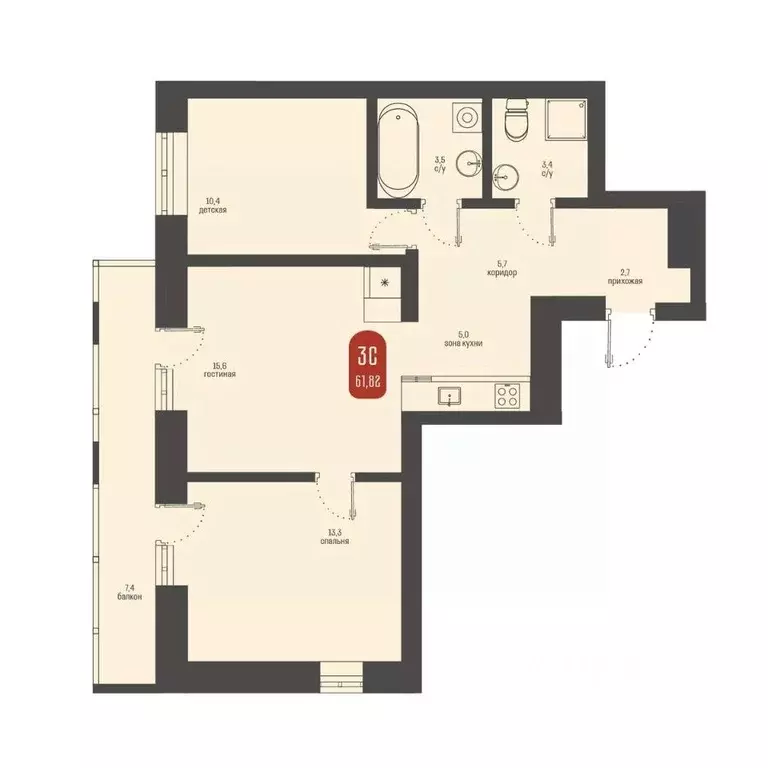3-к кв. Томская область, Томск ул. Косарева, 6 (61.82 м) - Фото 1