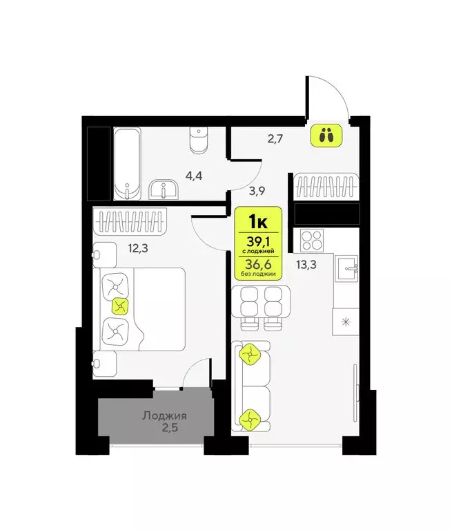 1-комнатная квартира: Тюмень, улица Андрея Приказнова, 1 (39.1 м) - Фото 1