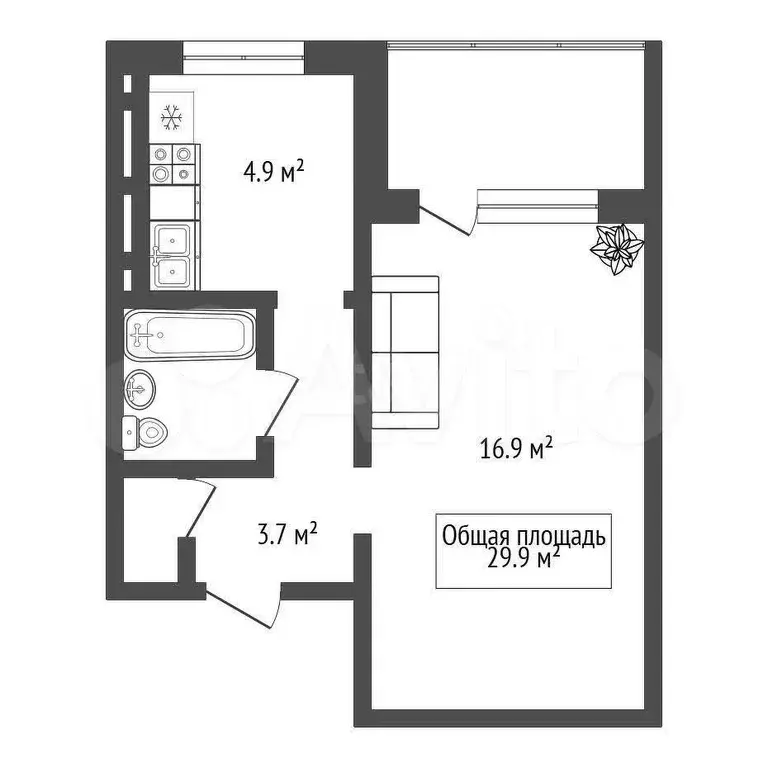 1-к. квартира, 29,9 м, 7/9 эт. - Фото 0