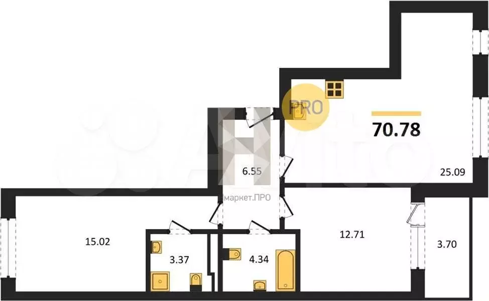 2-к. квартира, 70,8 м, 2/5 эт. - Фото 1