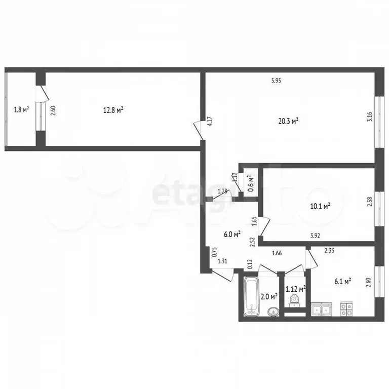 3-к. квартира, 58,7 м, 5/9 эт. - Фото 0