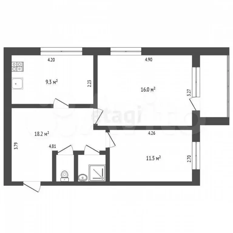 2-к. квартира, 51,5 м, 3/3 эт. - Фото 0