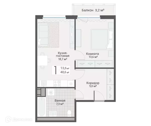 Продаётся 1-к квартира, 48.6 м - Фото 0