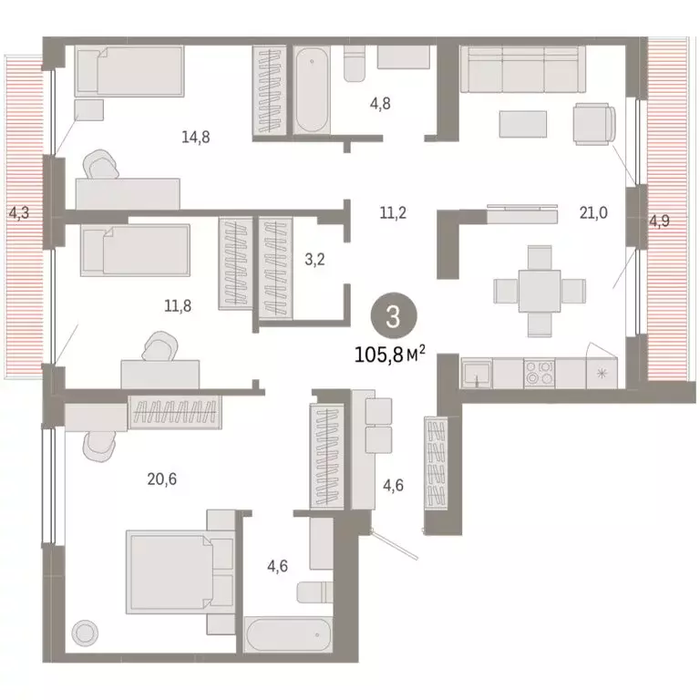 3-комнатная квартира: Новосибирск, квартал Лебедевский, 1/3 (105.8 м) - Фото 2