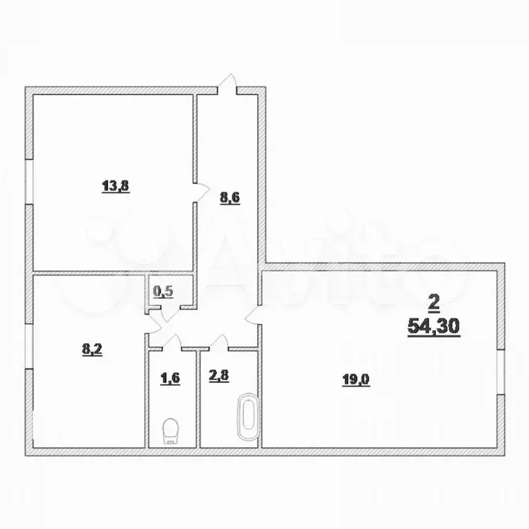2-к. квартира, 54,3 м, 1/3 эт. - Фото 0