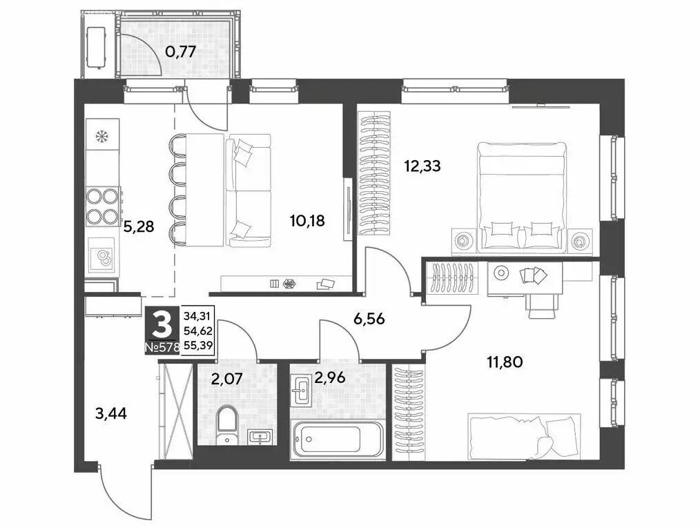 3-комнатная квартира: Калуга, улица Болдина, 22/1 (55.39 м) - Фото 0