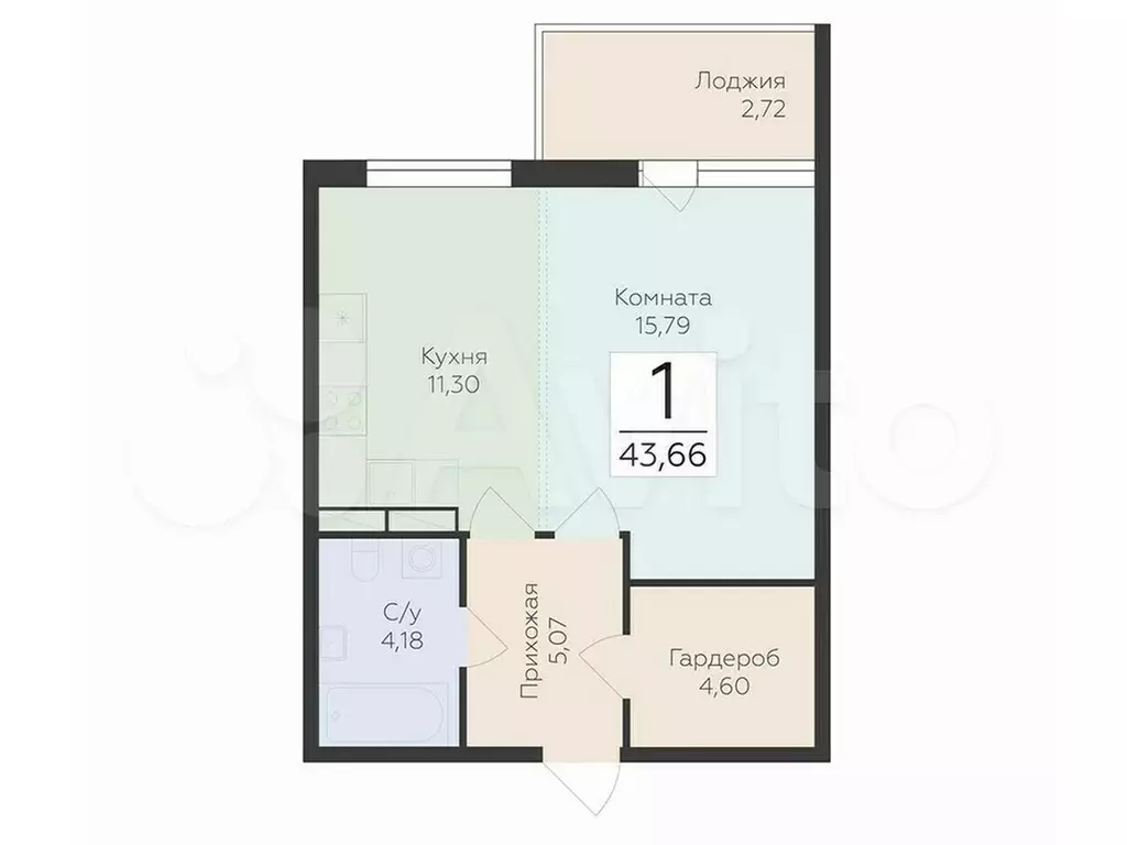 1-к. квартира, 43,7 м, 8/8 эт. - Фото 0