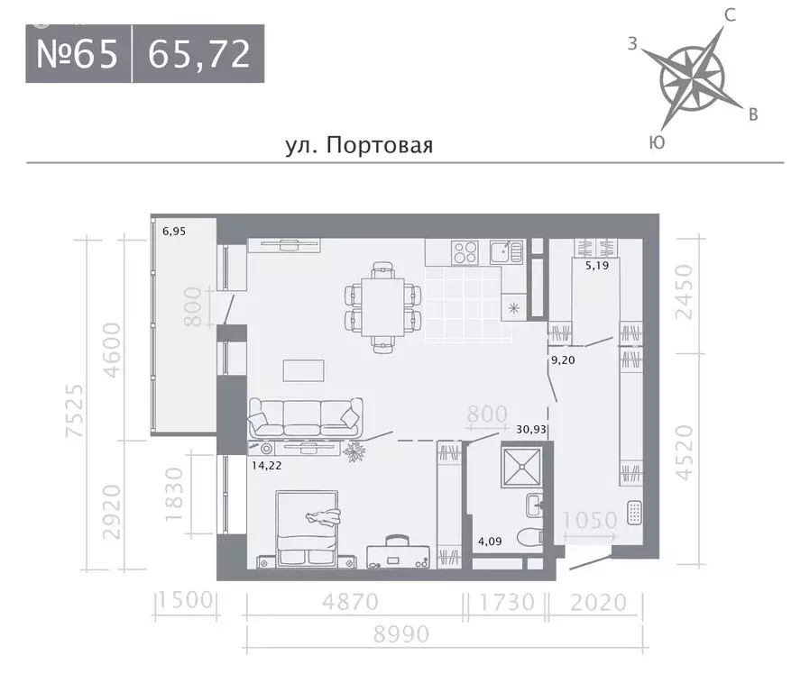1-комнатная квартира: Казань, ЖК Риваят (65.72 м) - Фото 1