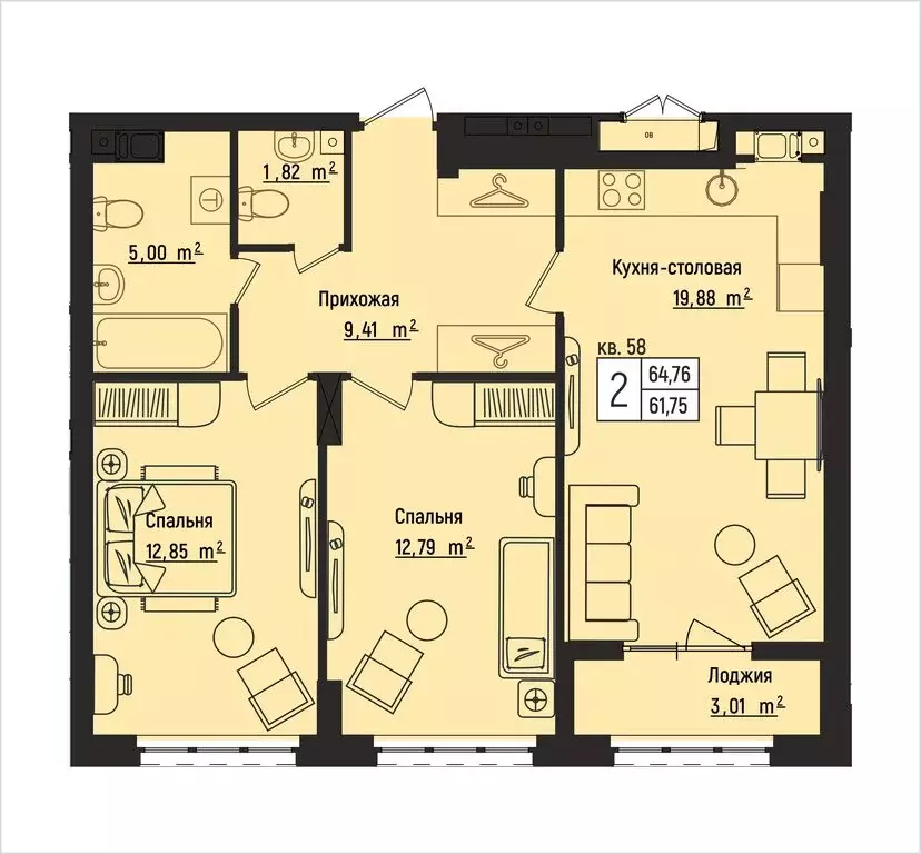 2-комнатная квартира: Нижний Новгород, Литературная улица, 5 (64.76 м) - Фото 1